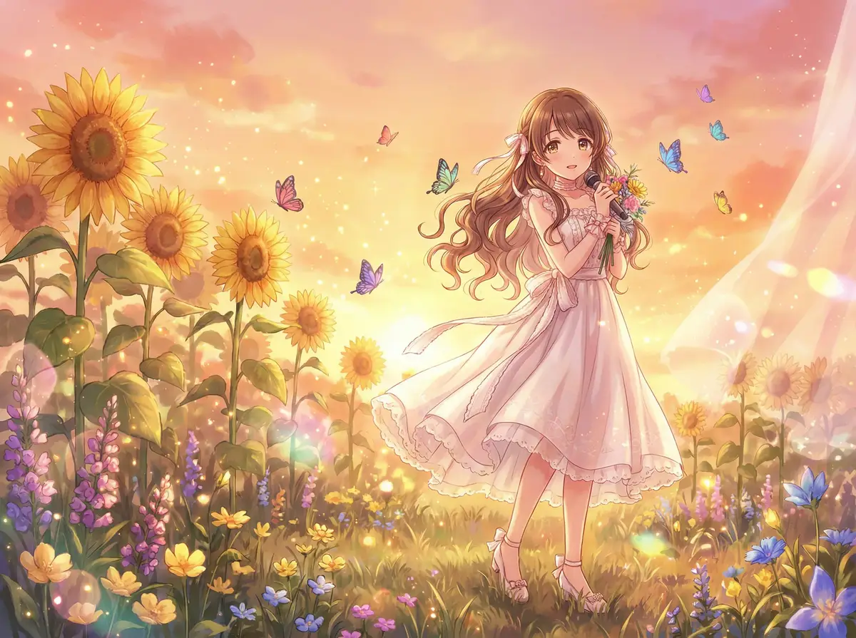 桃乃木 写真 - 花田中的桃酱，向日葵与蝴蝶环绕